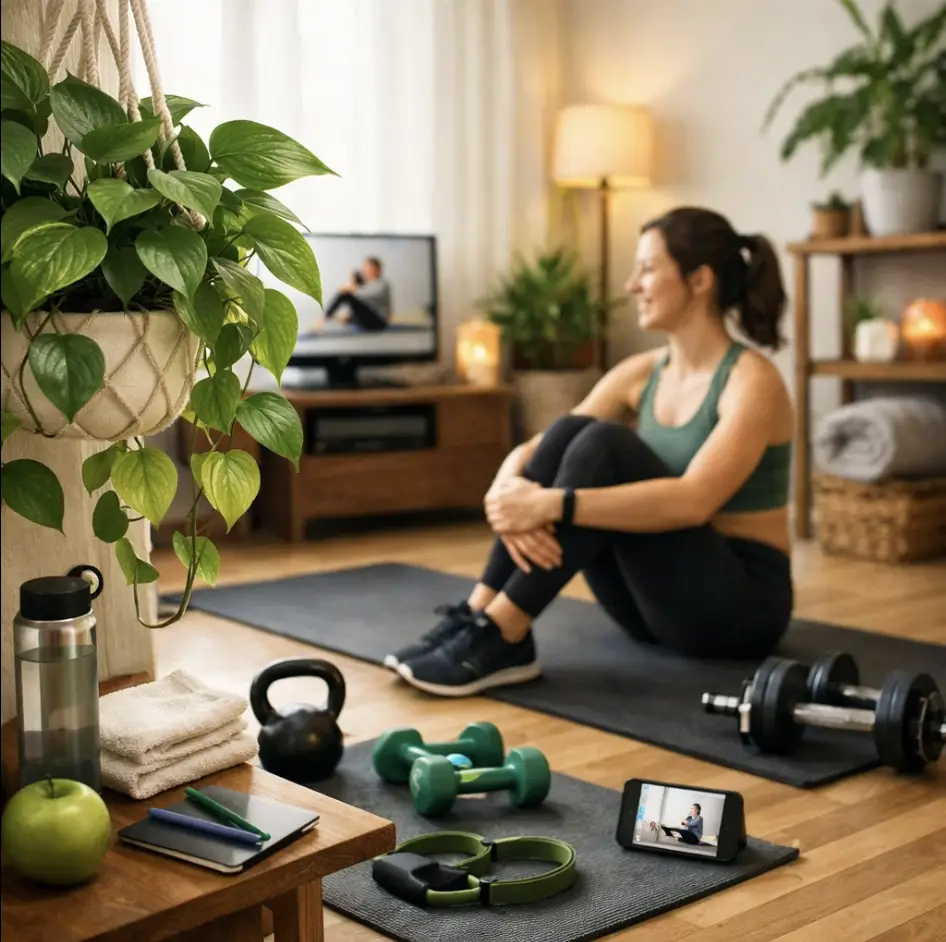 Woman sitting on yoga mat in home gym with weights and greenery in background