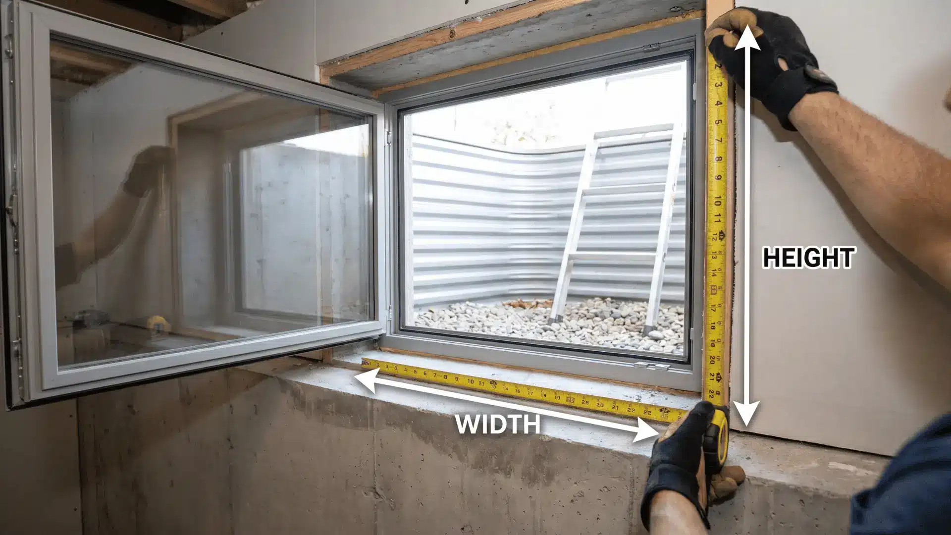 Measuring basement window dimensions with tape measure in concrete-walled basement