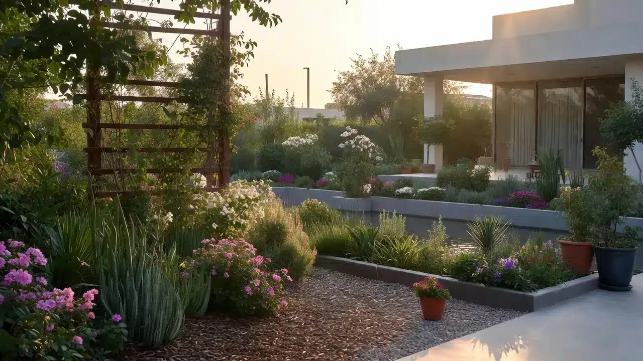 Lush garden with diverse flowers and plants surrounding a modern house at sunset