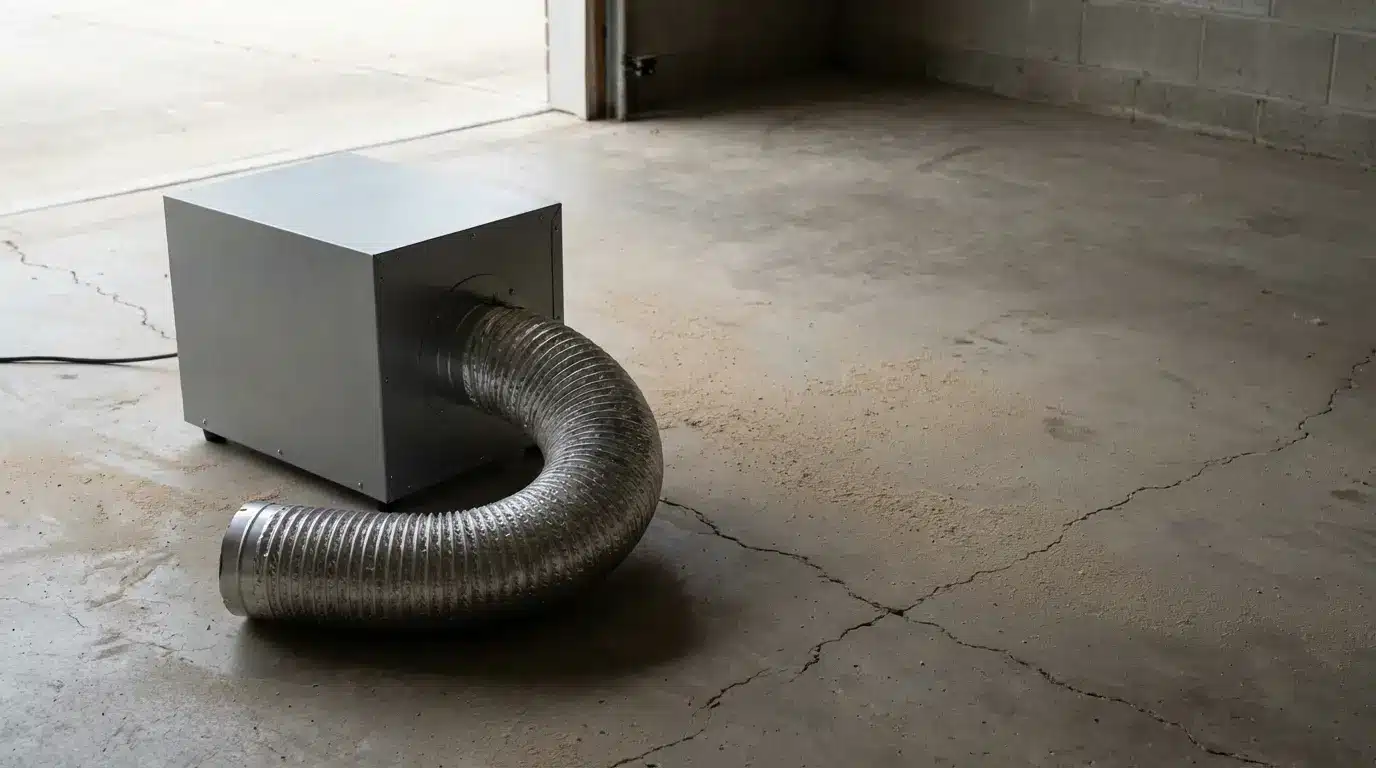 Metal ventilation duct connected to box on concrete floor in industrial garage setting