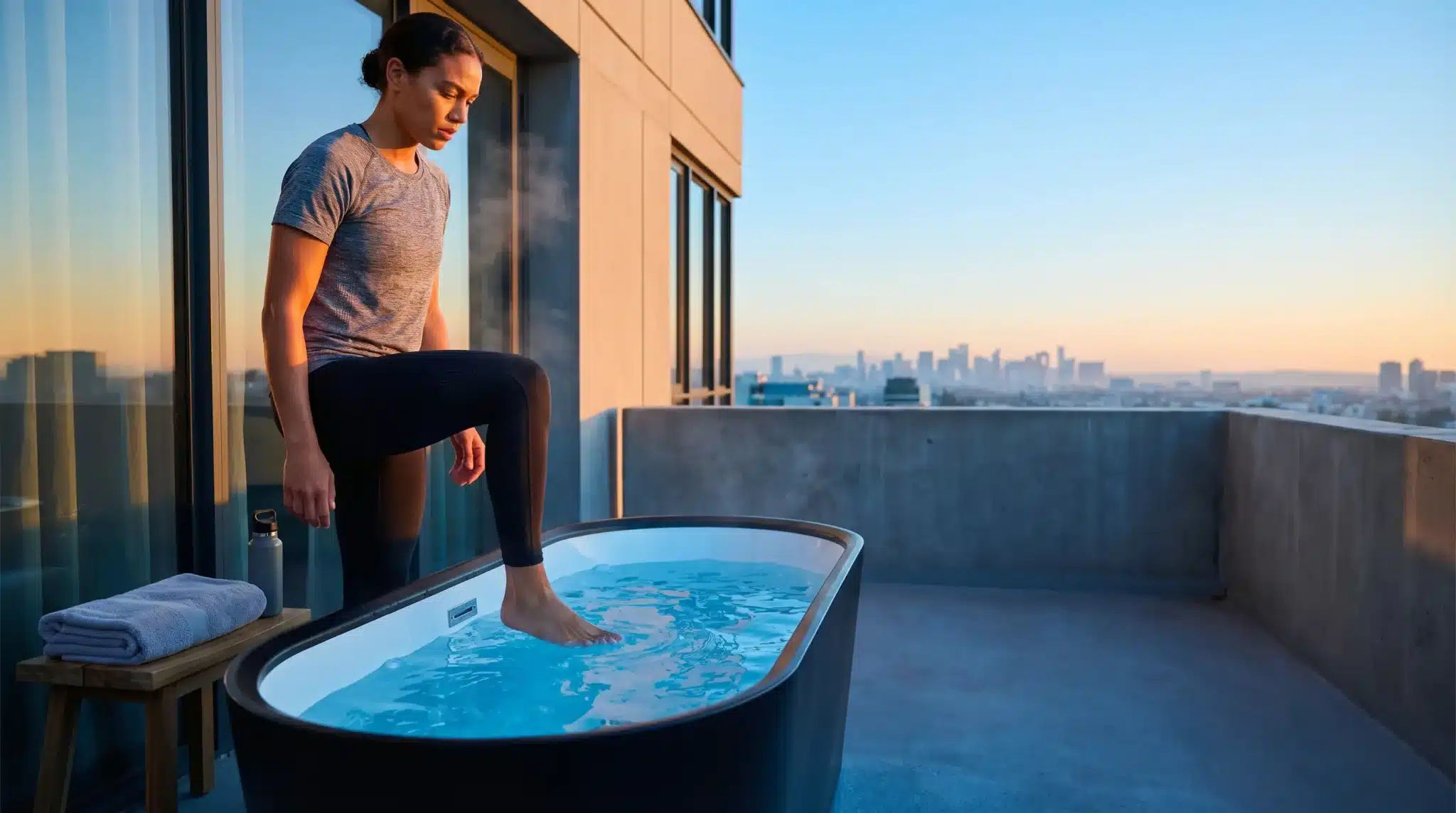 Person stepping into outdoor bathtub on rooftop terrace at sunset with city view