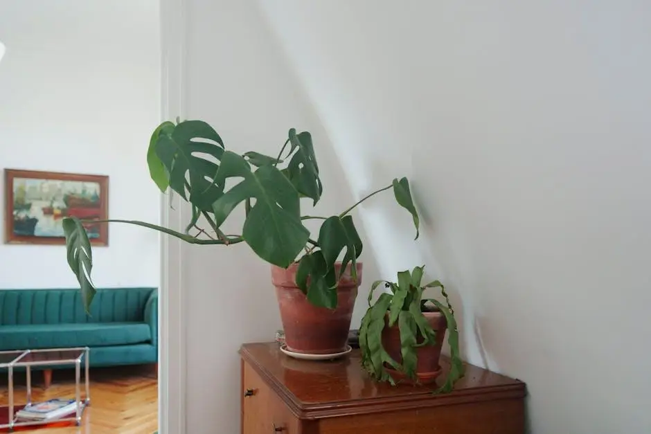 Potted monstera plant on wooden cabinet in bright living room with green sofa in background
