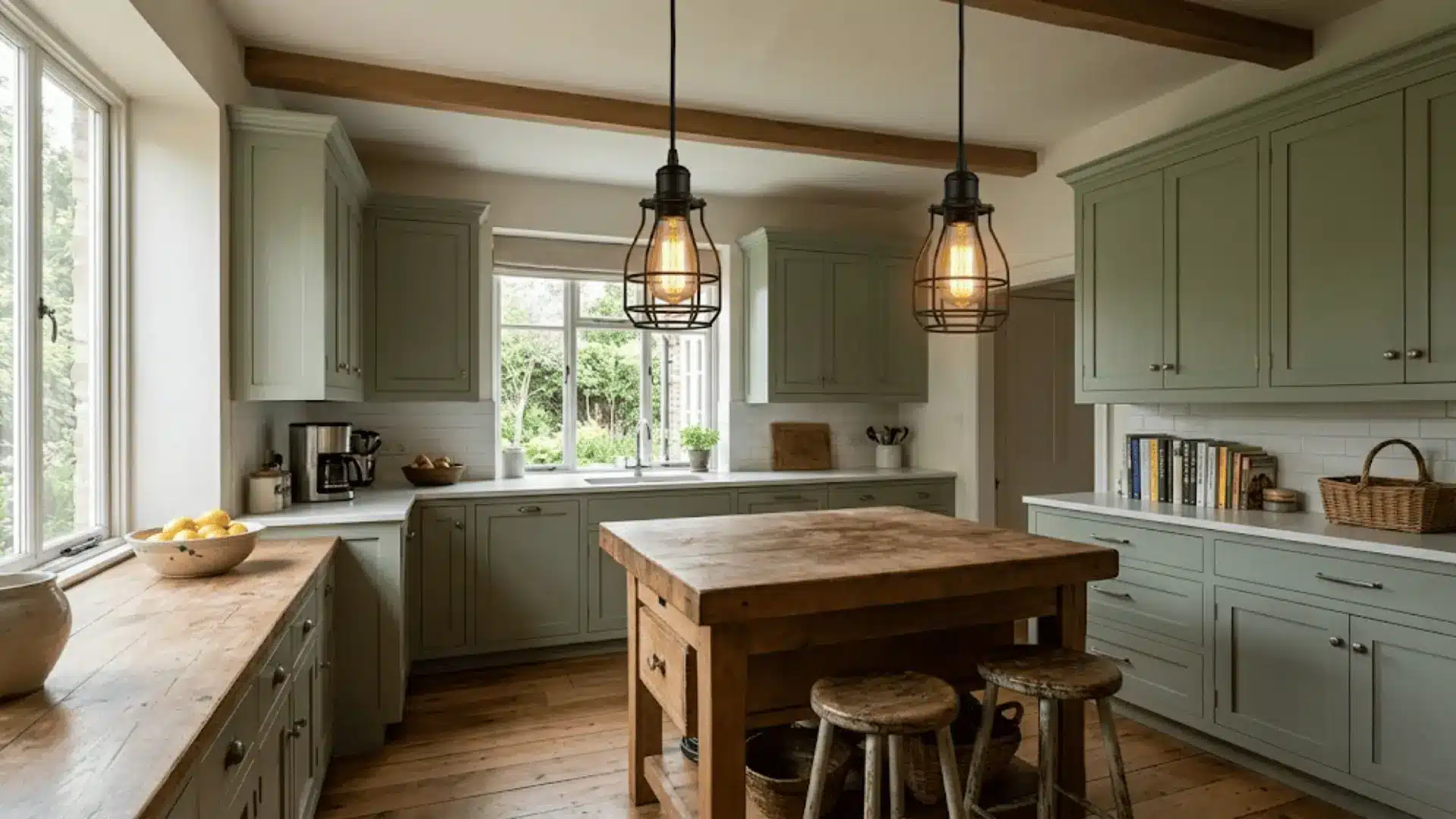 industrial matte black pendant lights over a sage green kitchen with butcher block island and wood floors