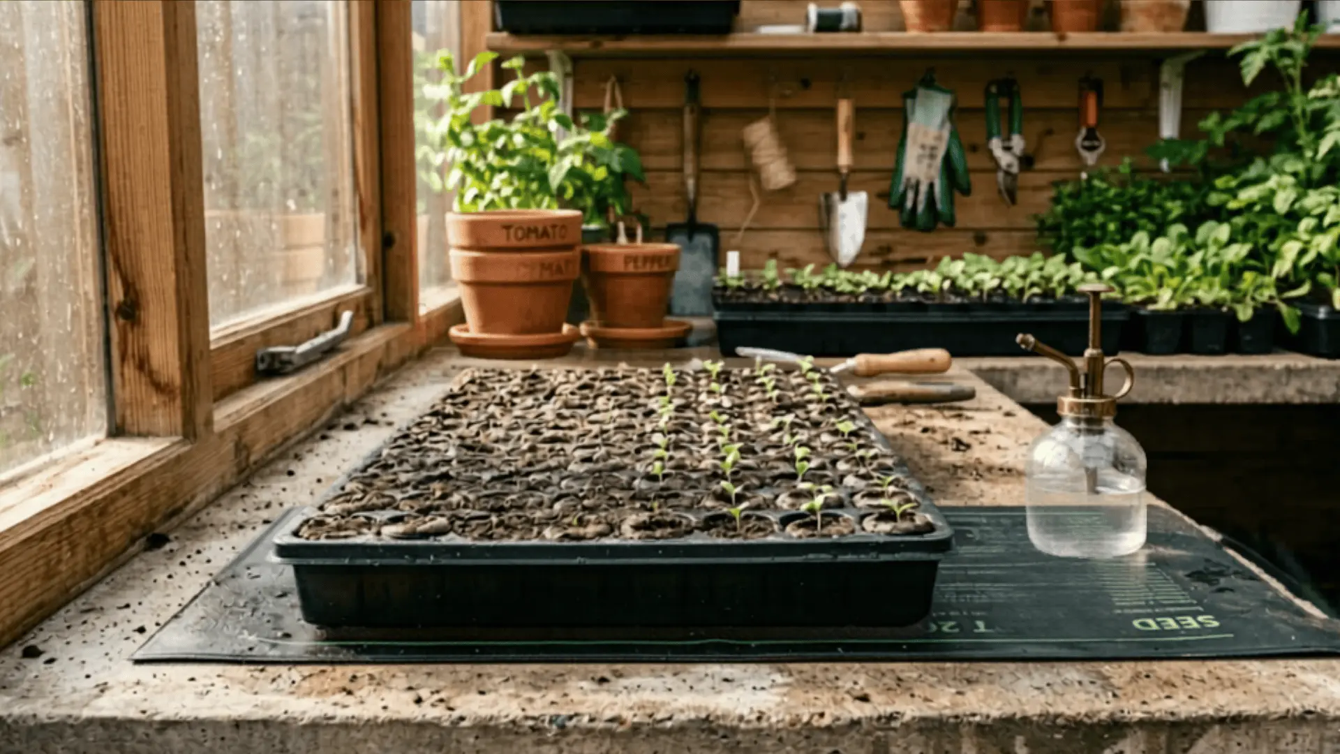 jalapeño seed tray on a heat mat with moist dark soil and a thermometer reading warm temperature