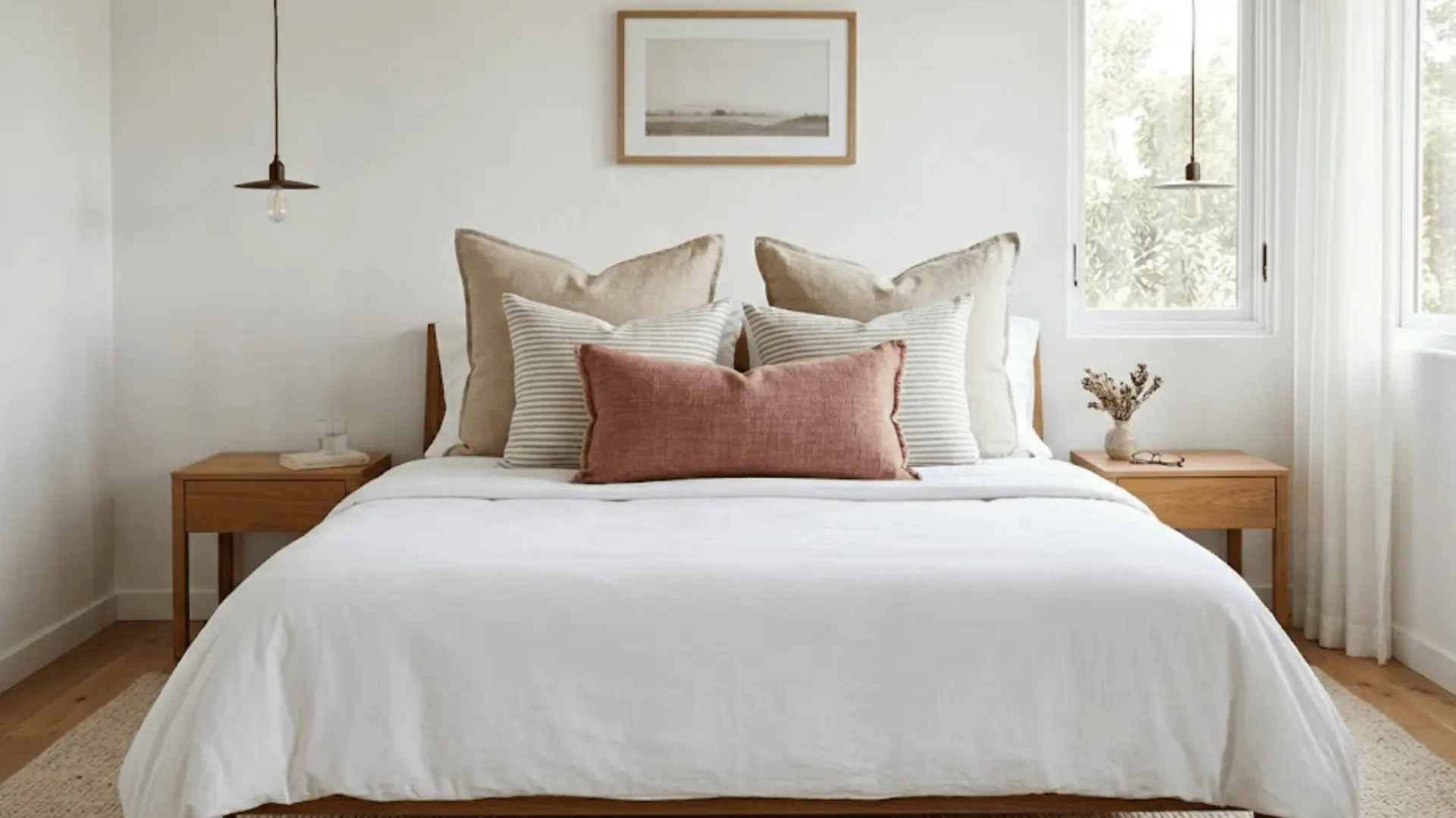 king bed layered with linen and striped throw pillows in neutral tones with a dusty rose lumbar