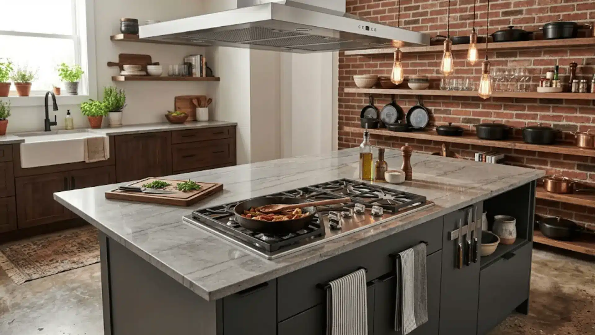 kitchen island with flush-mounted gas cooktop, ceiling range hood, and charcoal gray cabinetry in industrial kitchen