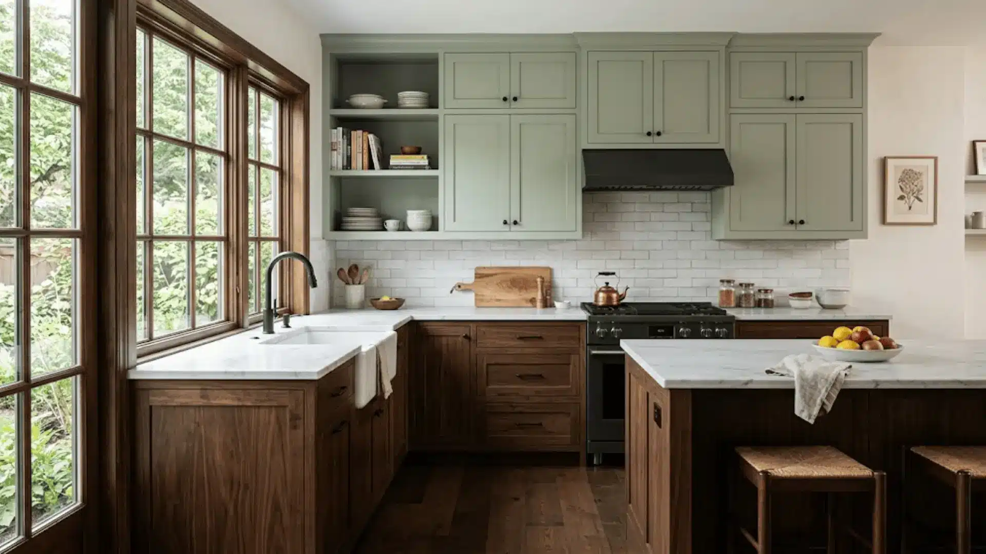 kitchen with dark walnut lower cabinets and sage green upper cabinets with matte black hardware