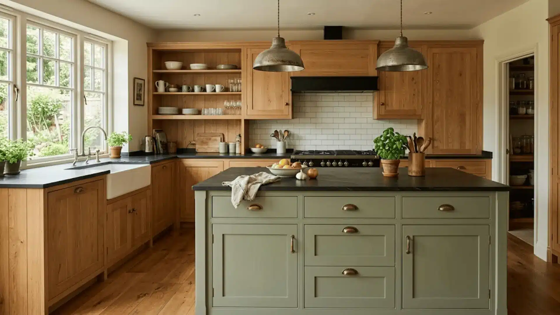 kitchen with natural oak wood perimeter cabinets and a sage green painted center island in warm light