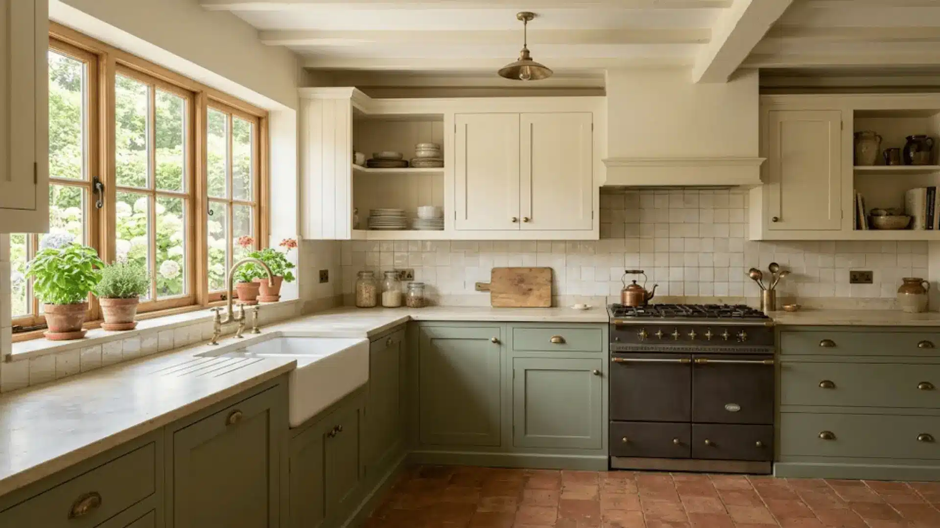 kitchen with soft cream upper cabinets and muted sage green lower cabinets with aged brass hardware