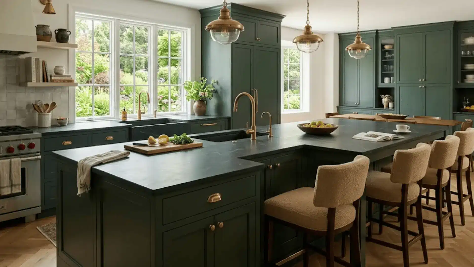 l-shaped dark soapstone kitchen island with integrated sink, brass hardware, and beige counter stools in large kitchen
