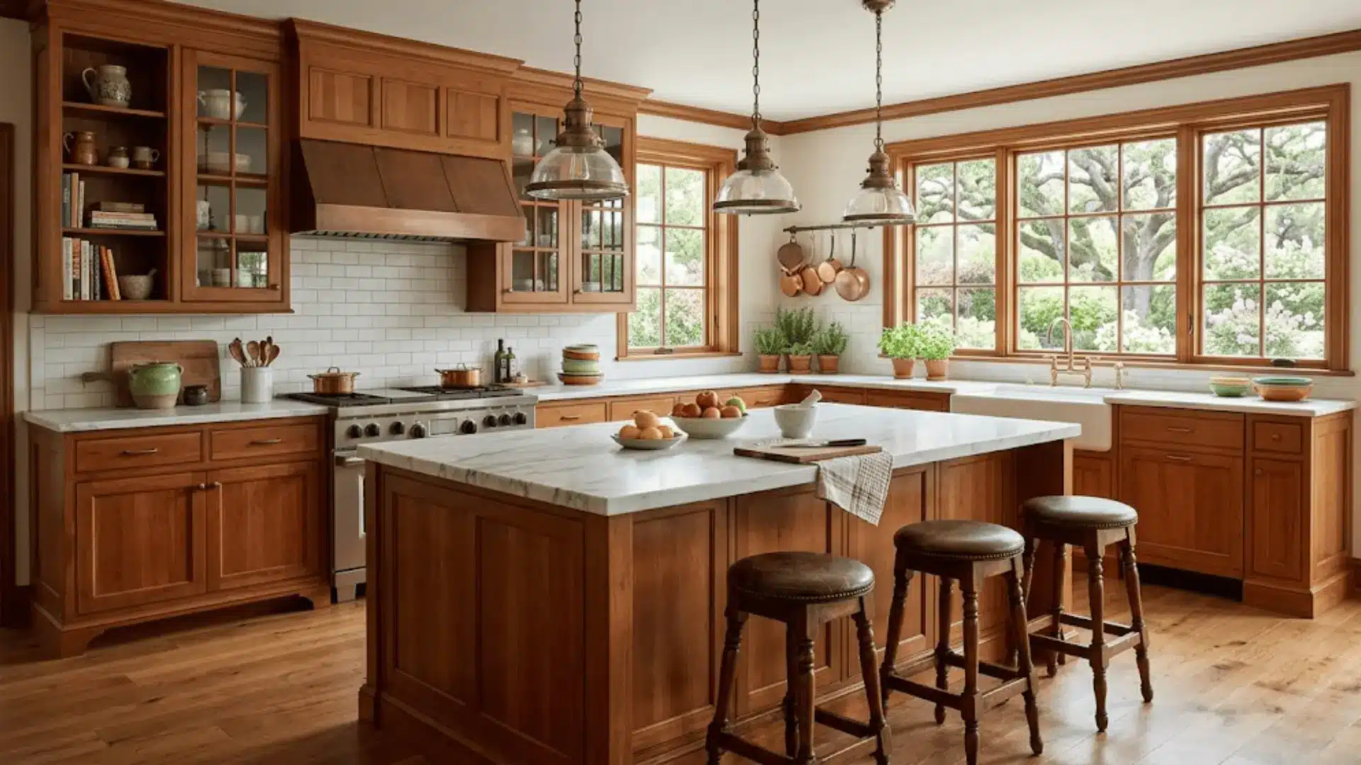 l-shaped traditional kitchen with large marble-topped central island and bar stools in natural light