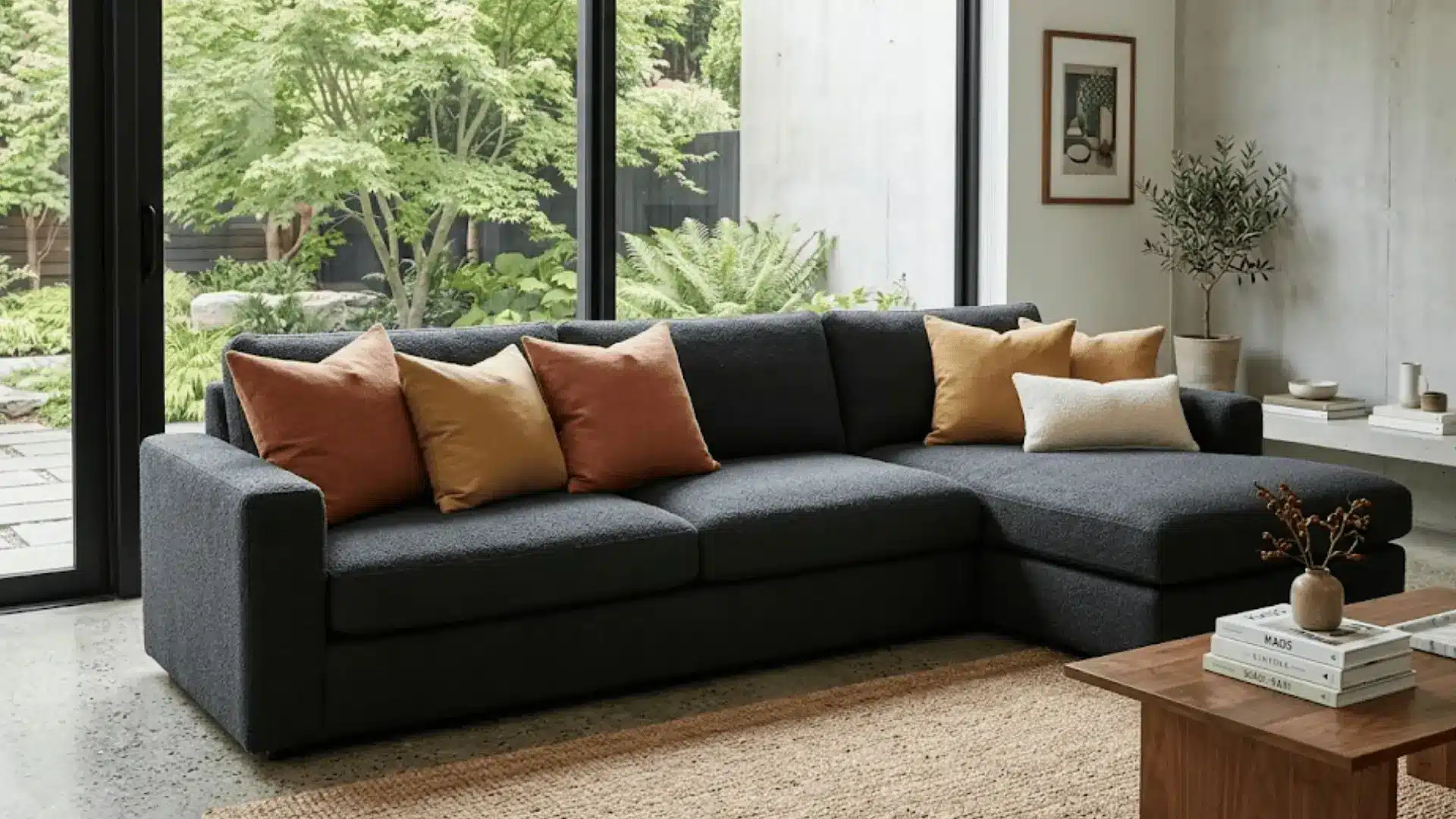 large charcoal sectional sofa styled with terracotta and ochre throw pillows and a cream lumbar