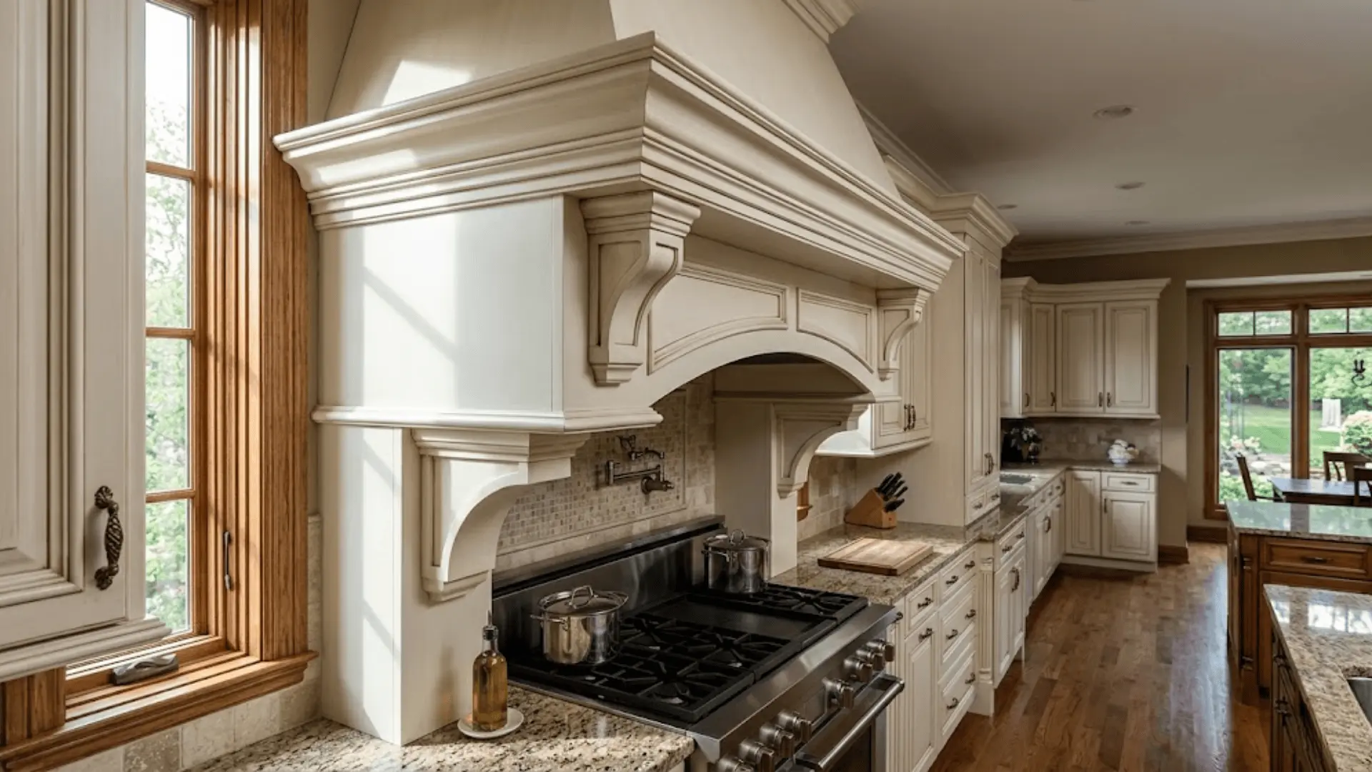 large decorative wood range hood with corbel detail above a professional range in a traditional kitchen