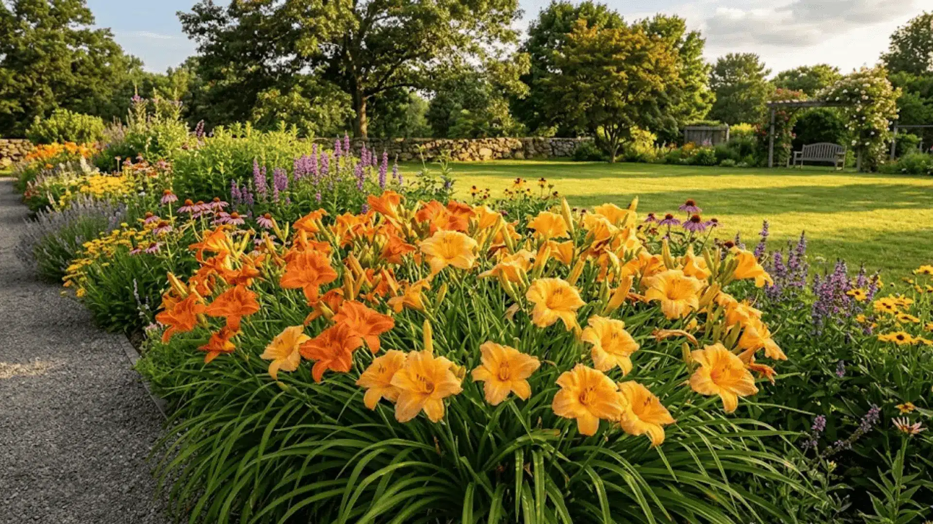 large orange and yellow daylily trumpet flowers in full bloom along a sunny garden border with green foliage