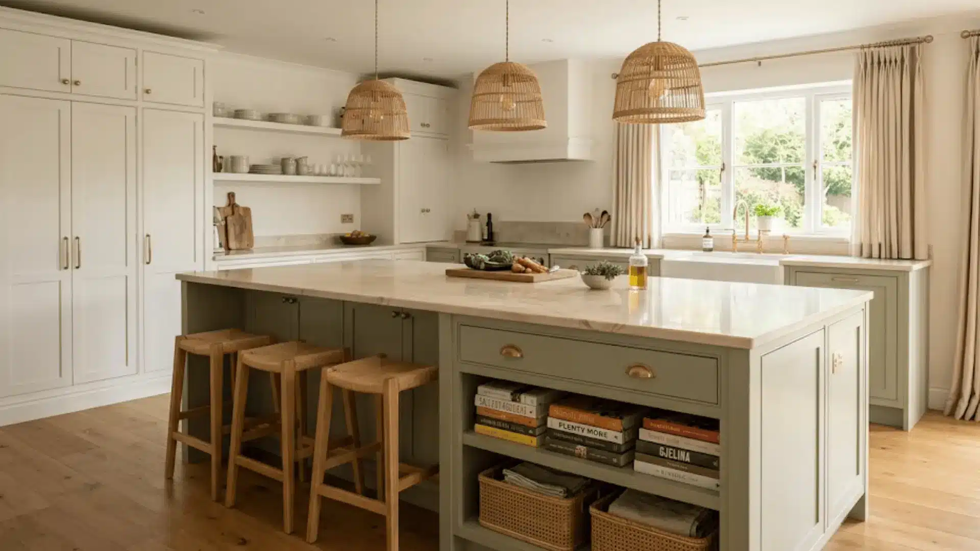 large sage green multi-functional kitchen island with quartzite top, open shelving, and wood bar stools