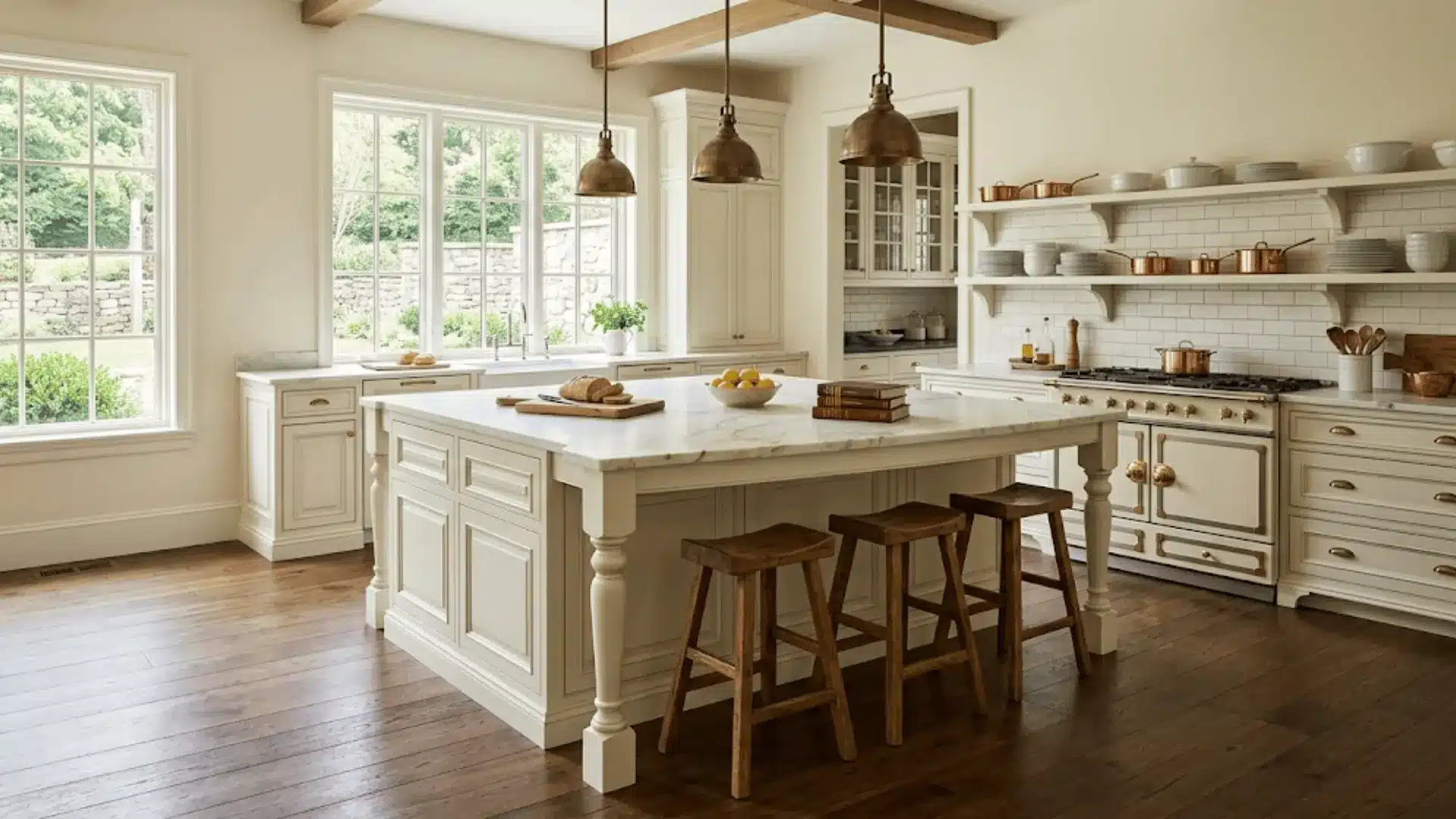 large traditional kitchen island with turned legs marble top and brass pendants in natural light
