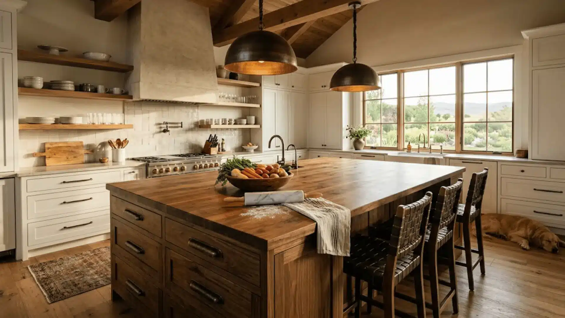 large walnut butcher block kitchen island with woven stools and bronze pendants in a barndominium kitchen