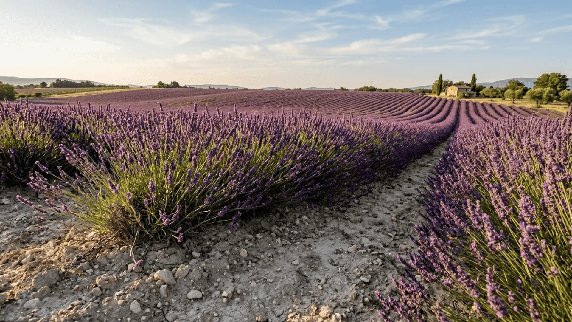 lavender field in full bloom growing in dry sandy soil during golden hour in mediterranean countryside