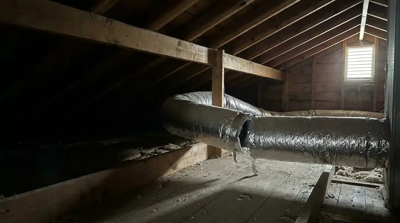 Silver insulation duct in a dimly lit wooden attic with exposed beams and small window