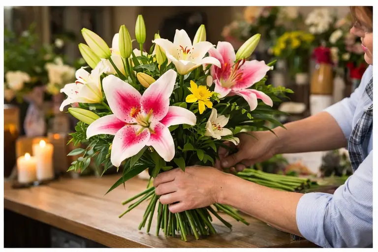 Vibrant flower bouquet with pink lilies and greenery arranged by florist in shop setting