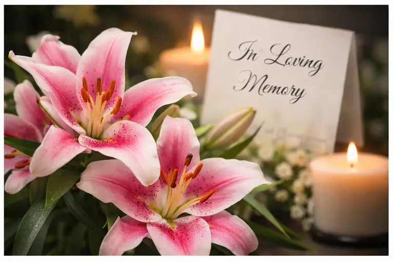 Pink lilies and candles with memorial card in soft lighting setting