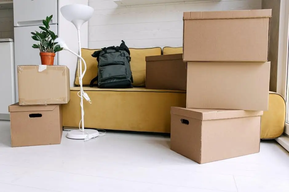 Cardboard boxes stacked in living room with yellow sofa and green backpack nearby