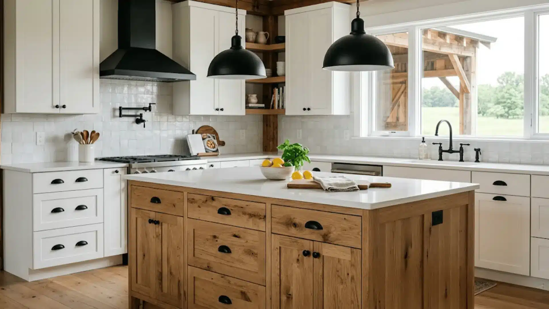 matte black cabinet hardware and faucet contrasting white cabinets and oak island in barndominium kitchen