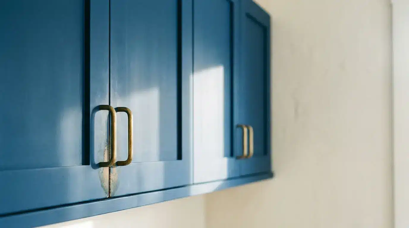 Blue kitchen cabinets with brass handles in soft natural light