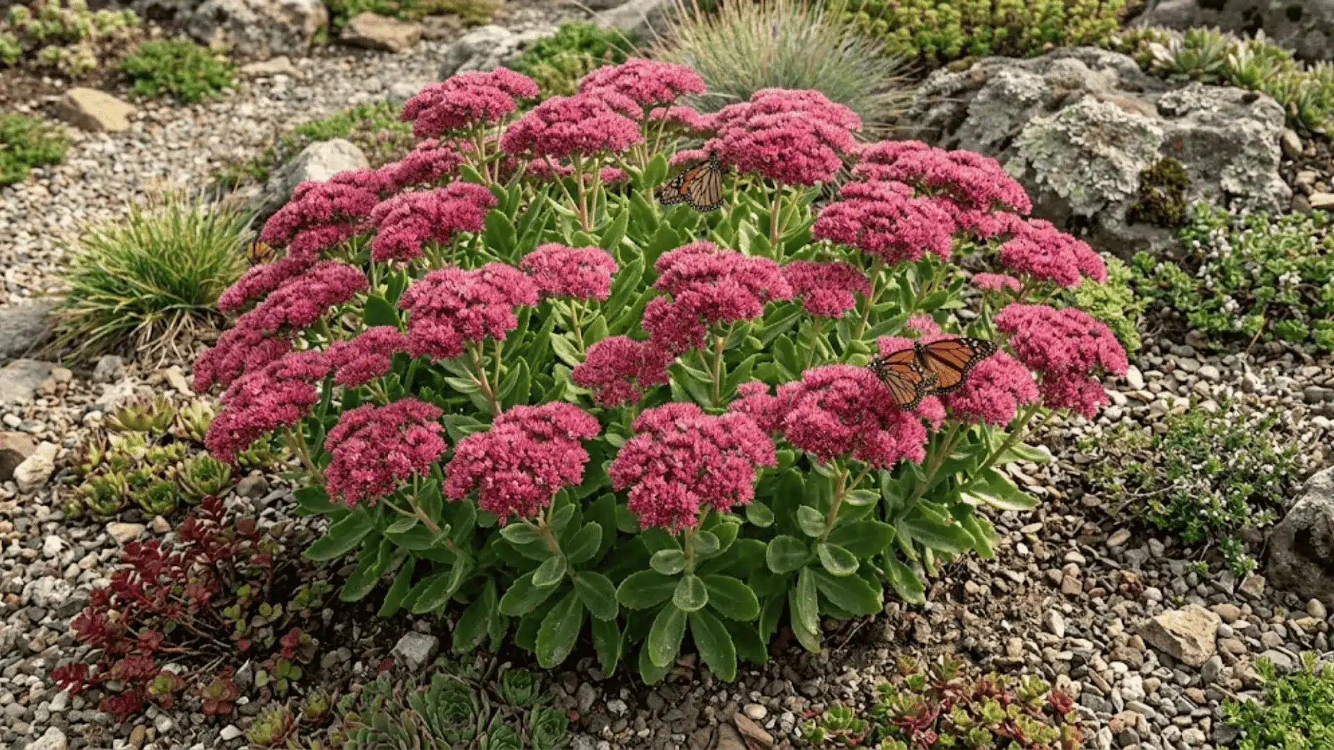 mature sedum with deep pink flower clusters and fleshy blue green leaves in a rocky garden bed