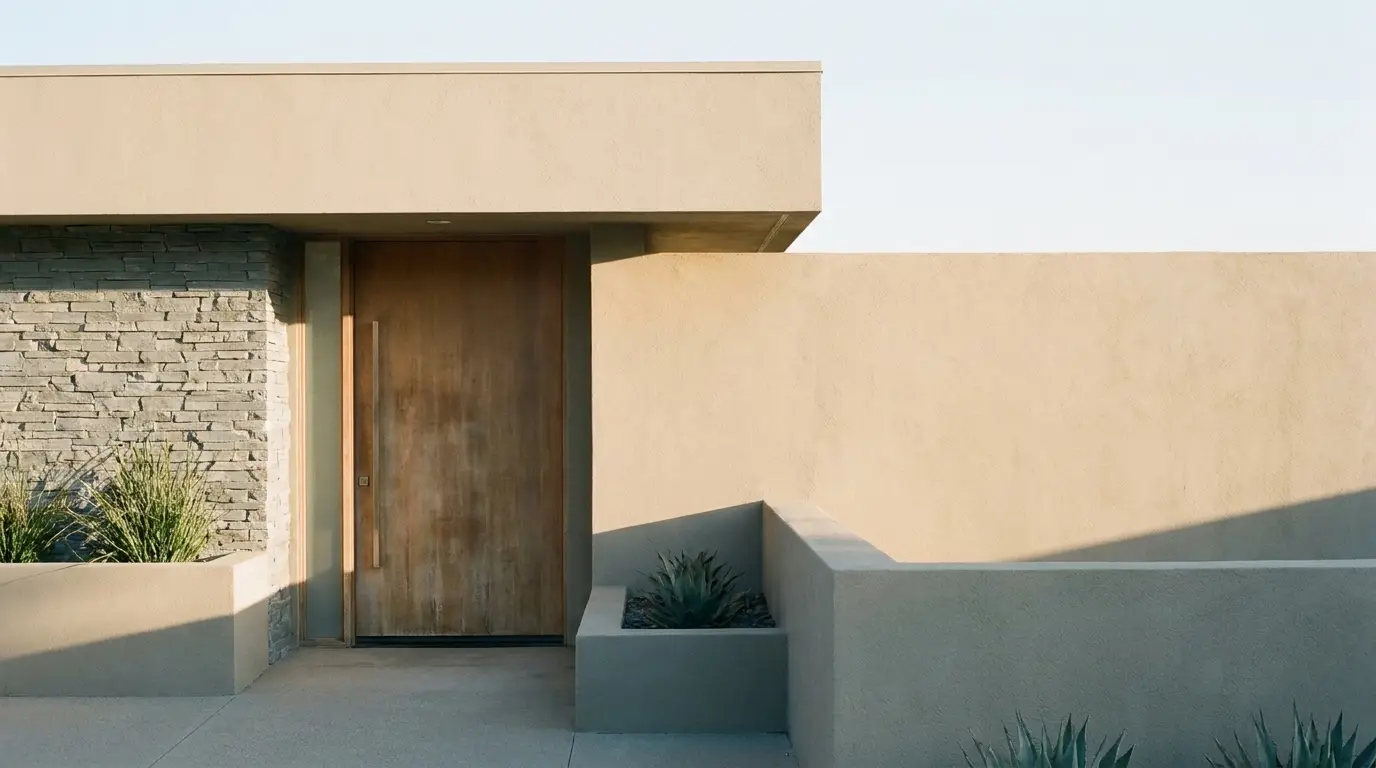 Modern exterior entrance with stone accent wall and wooden door, surrounded by concrete planters
