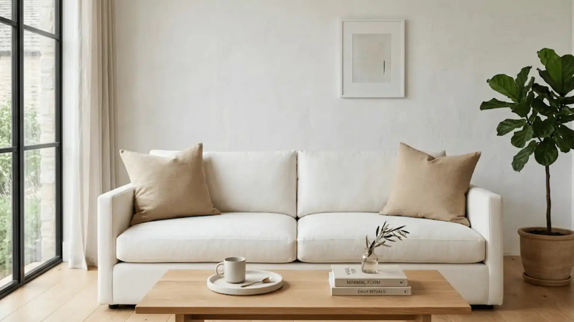 minimal ivory sofa with two symmetrical sand linen throw pillows placed at each end
