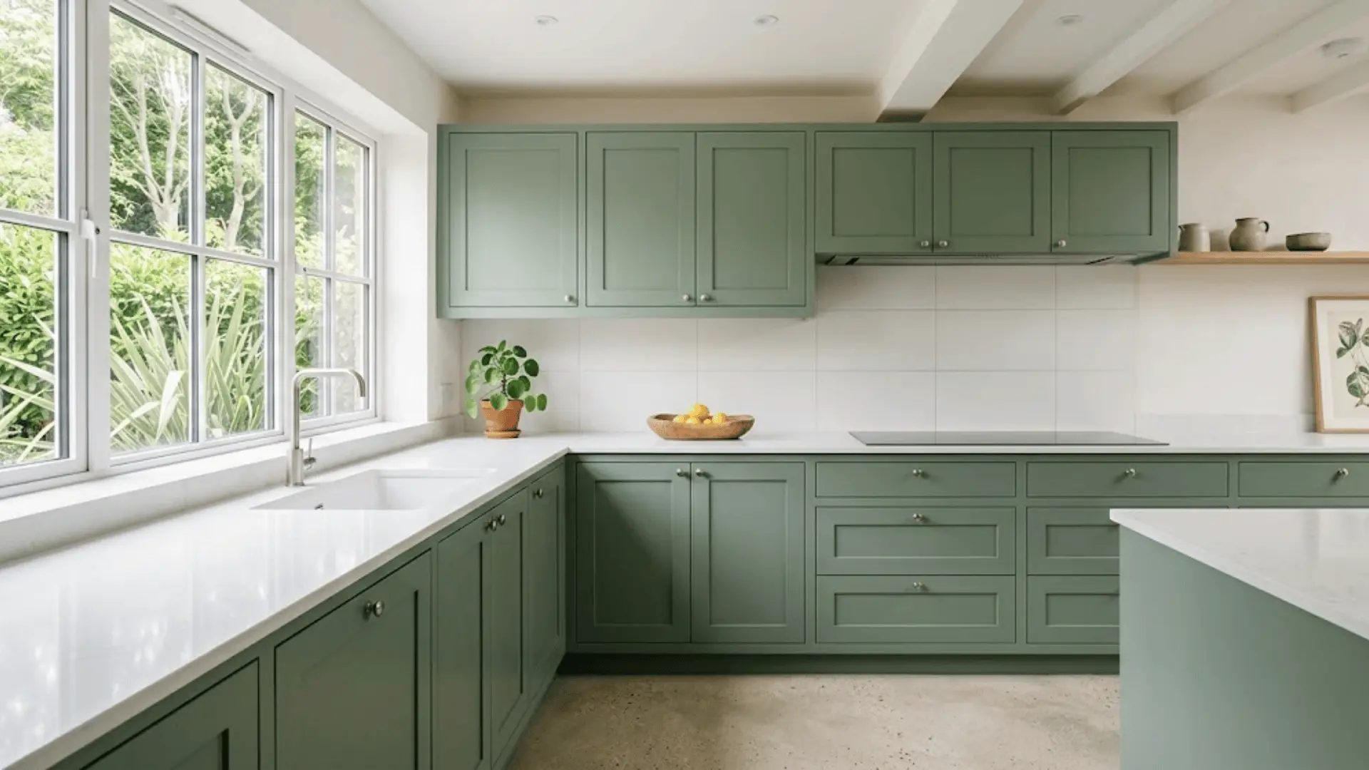 minimalist sage green shaker kitchen cabinets with white quartz countertop and pale concrete floor in natural light