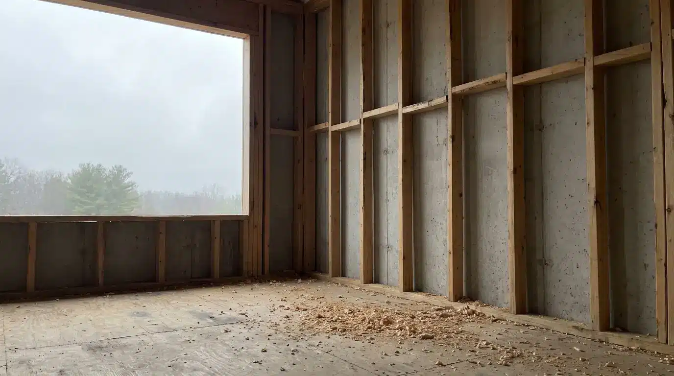 Partially constructed room with exposed wooden framing and wood shavings on plywood floor