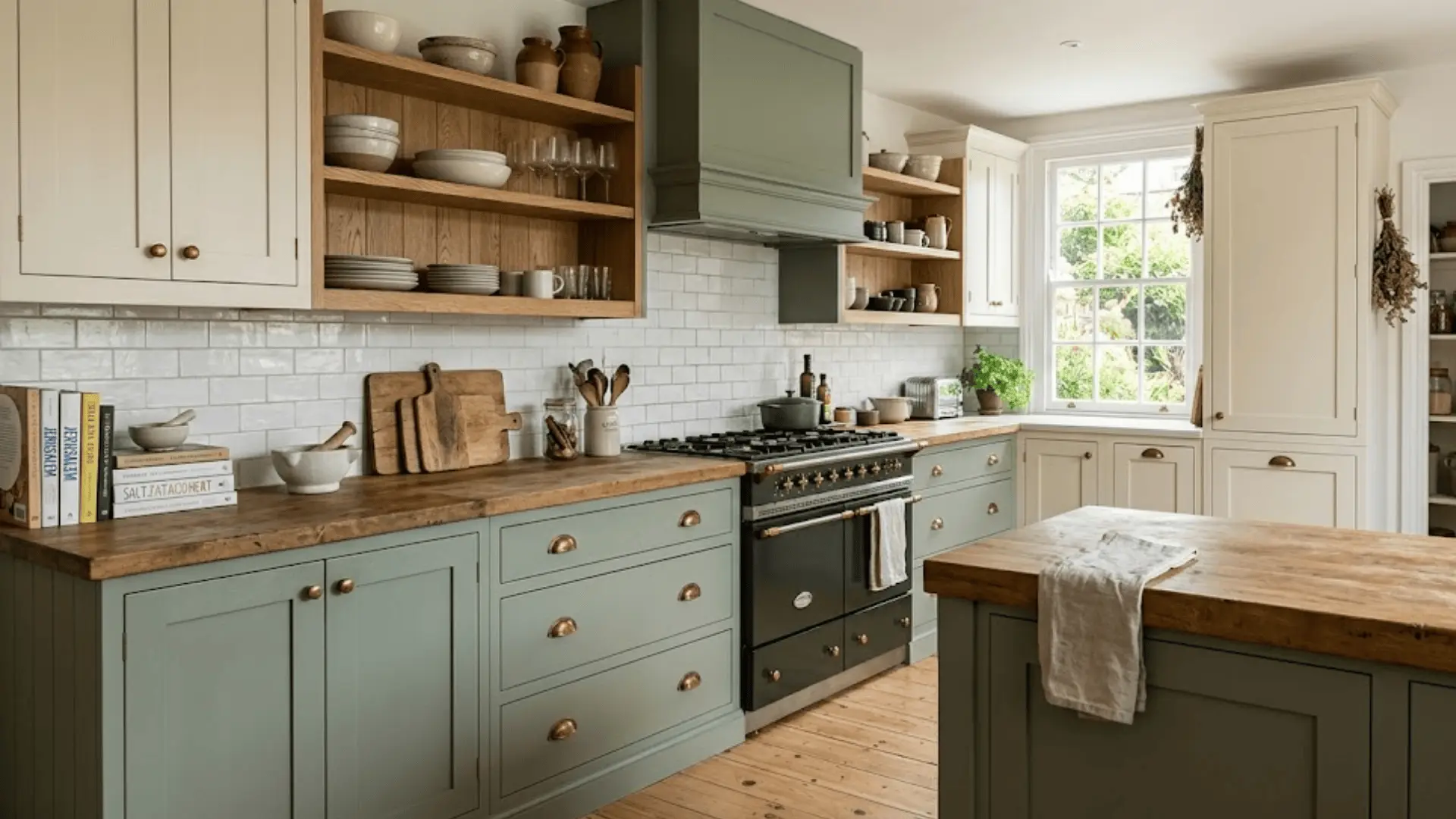 mixed kitchen cabinetry with sage green, natural oak, and cream panels with brass hardware and butcher block