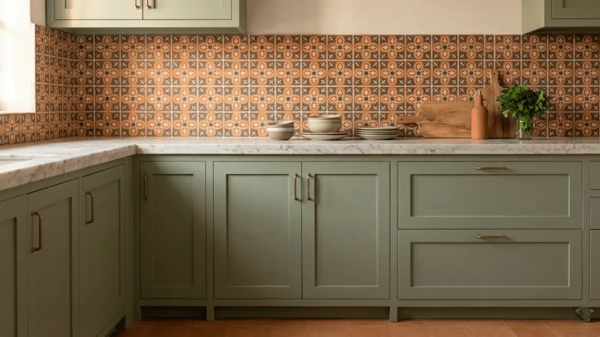 moroccan encaustic patterned tile backsplash in terracotta and blue tones behind sage green kitchen cabinets