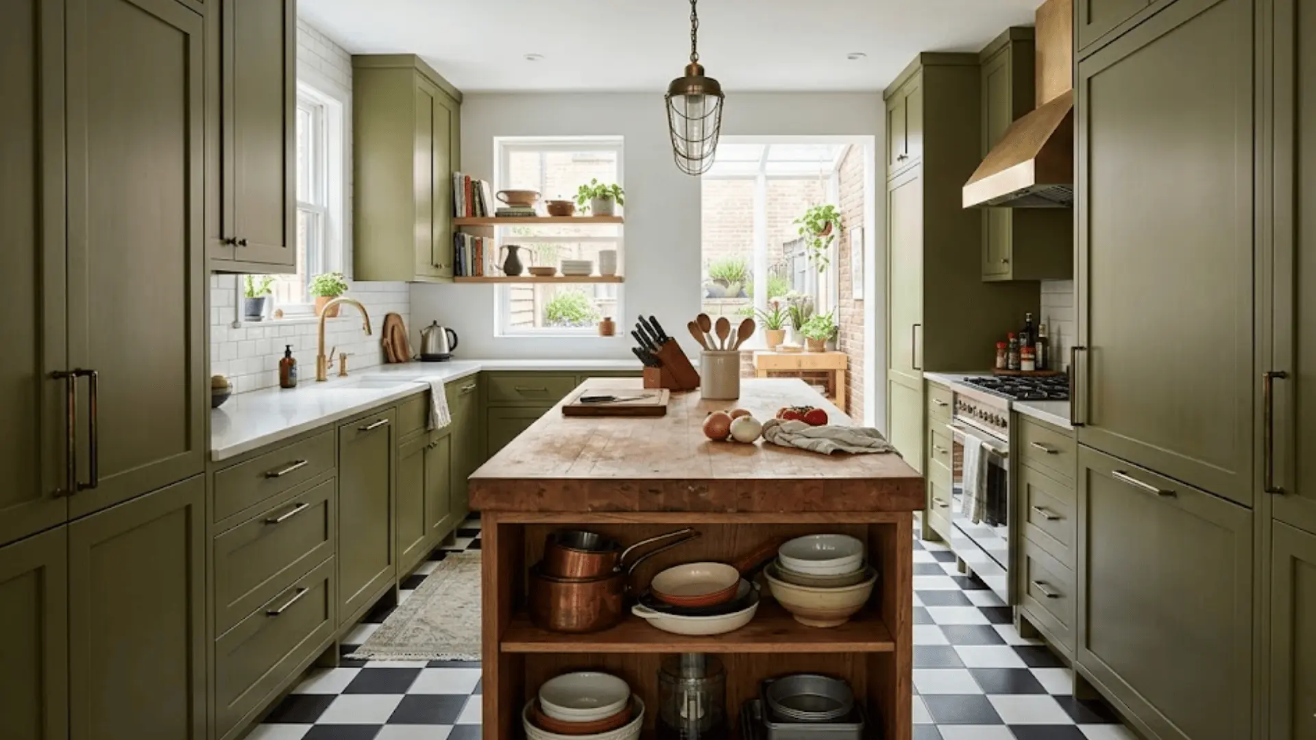narrow butcher block galley kitchen island between olive green cabinets with open shelving and checkered tile floor