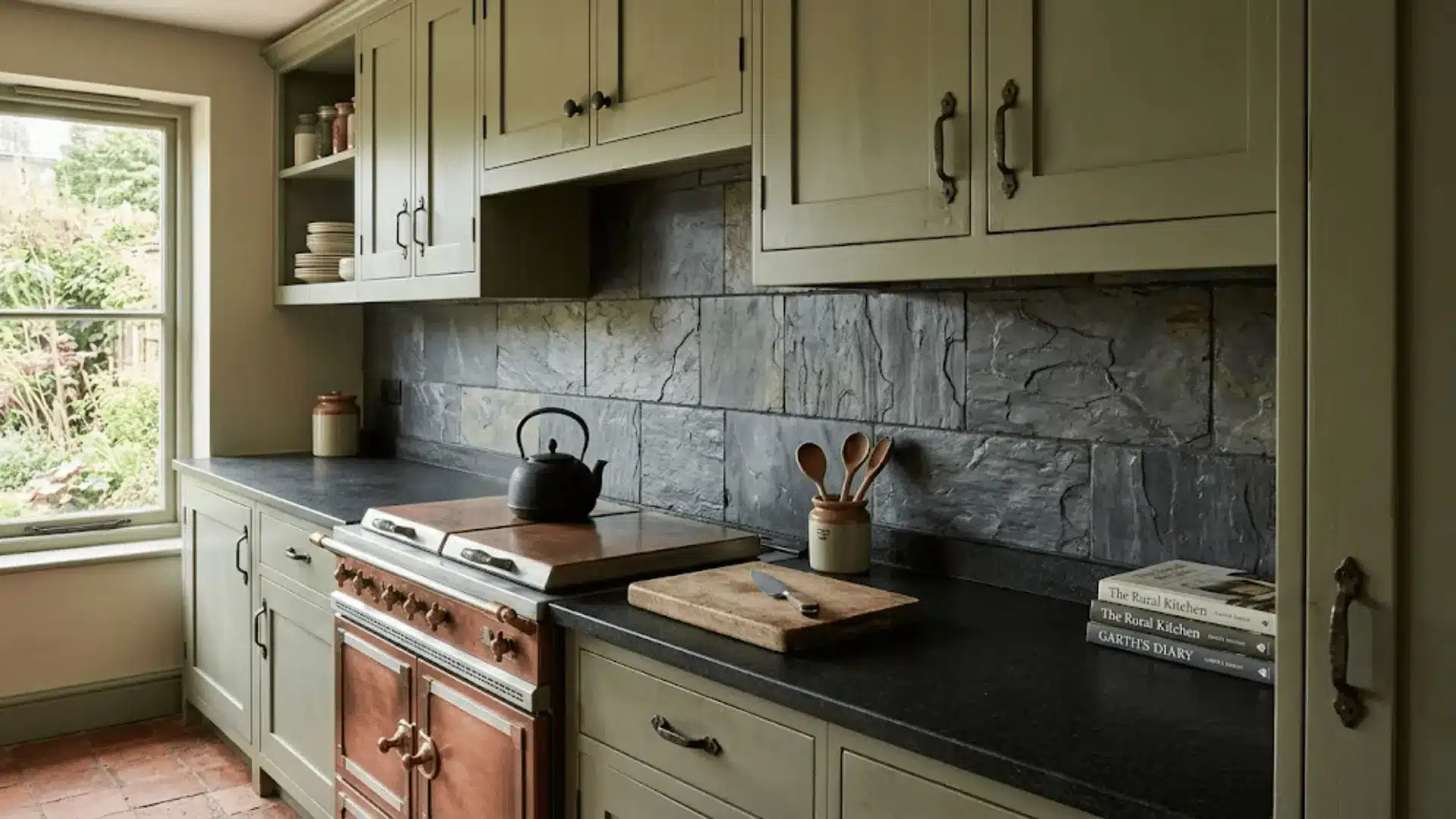 natural cleft slate stone backsplash in dark grey tones behind sage green kitchen cabinets