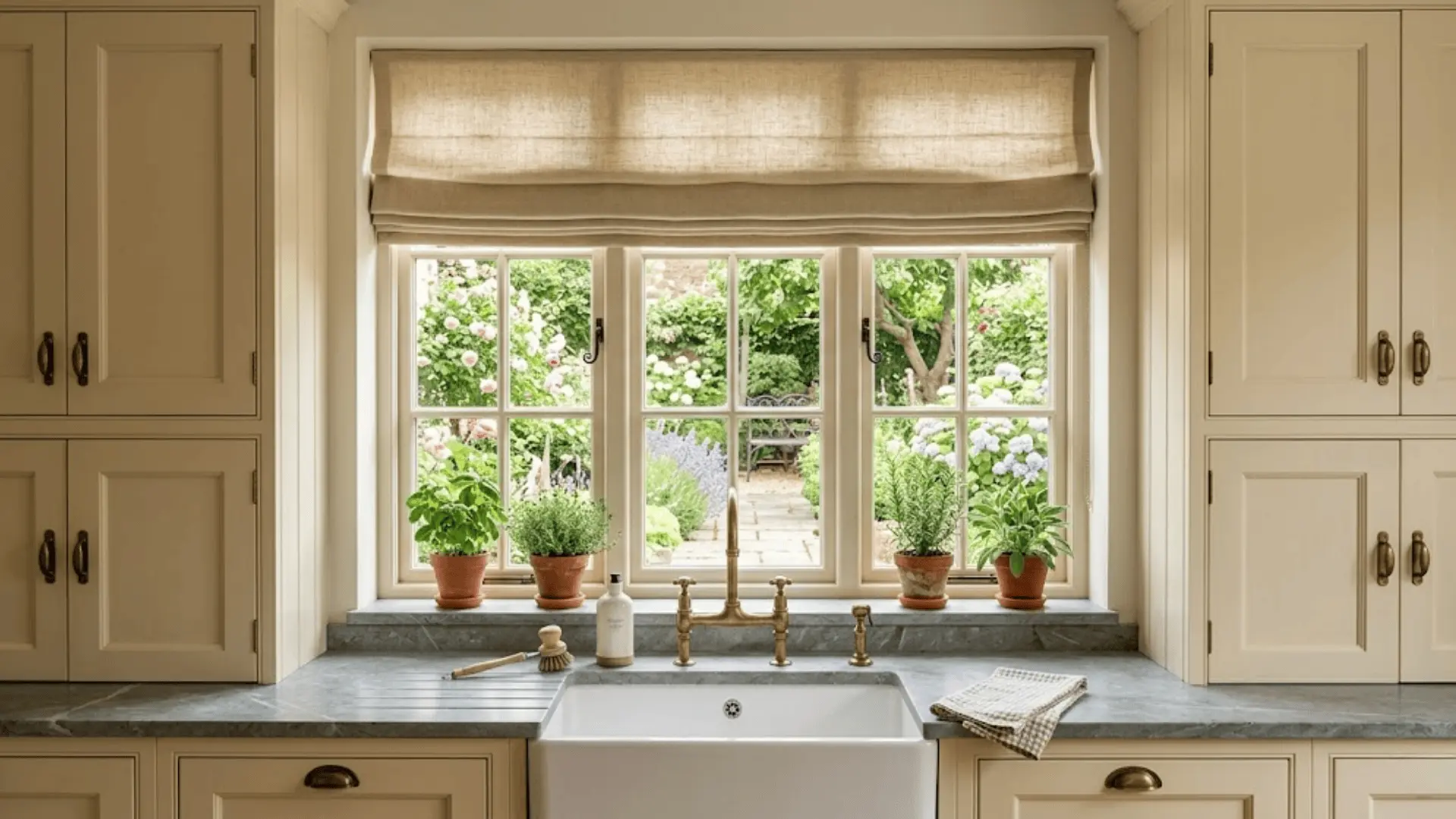 natural linen roman shade on a traditional kitchen window above a farmhouse sink with herb pots on sill