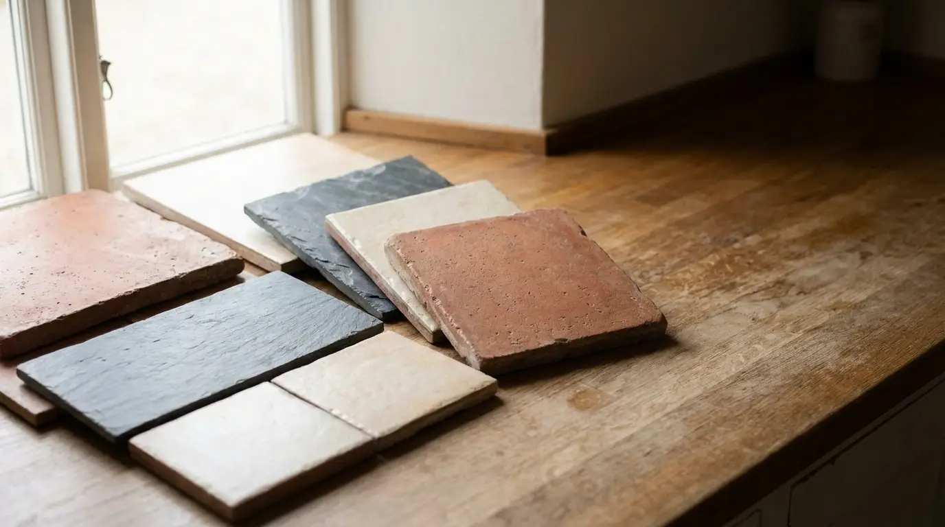Various stone and clay tiles on rustic wooden countertop by a sunlit window