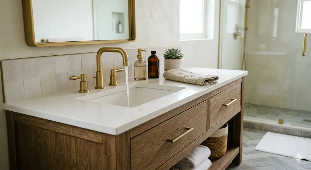 Modern bathroom with wooden vanity, gold faucet, and glass shower enclosure