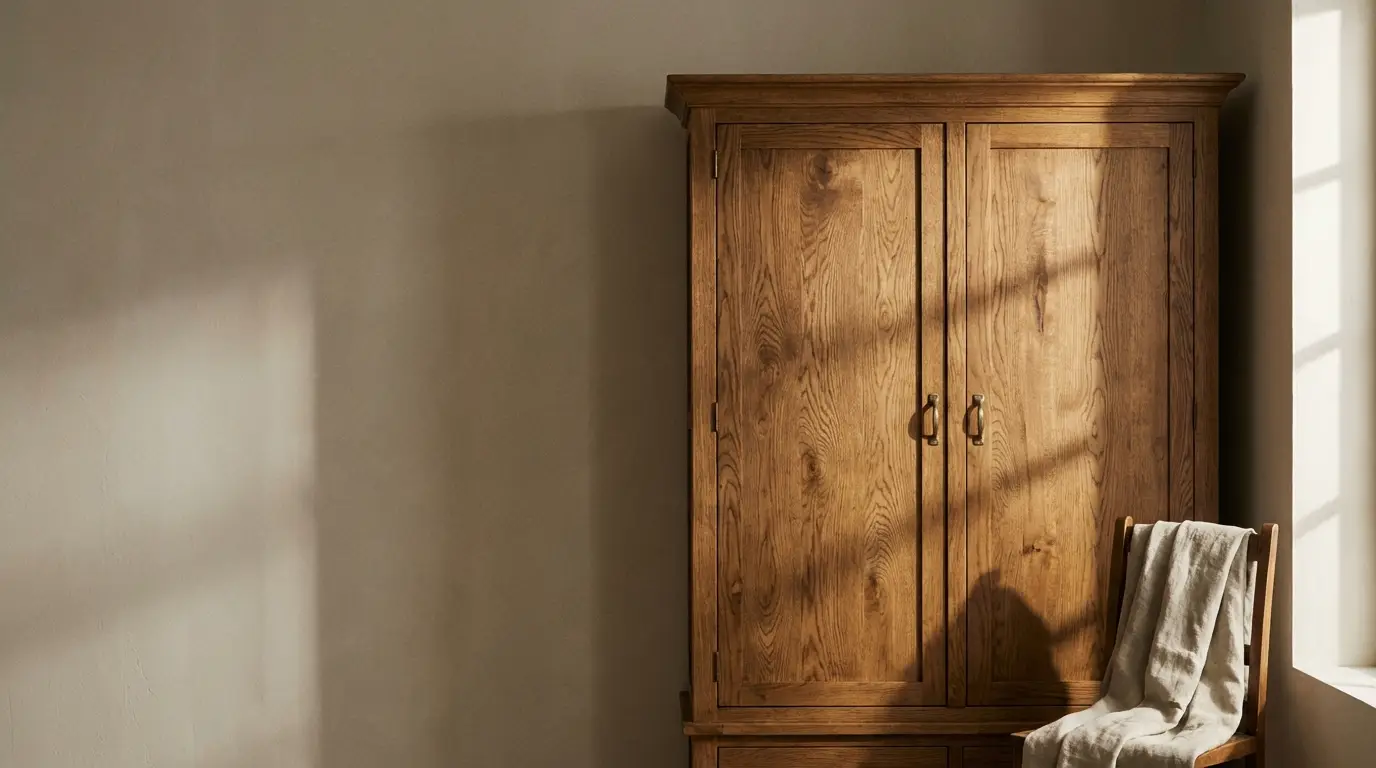 Wooden wardrobe in sunlit room with linen cloth draped over chair