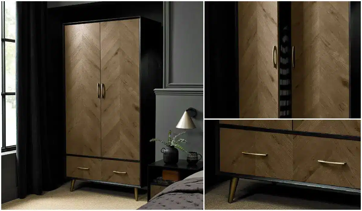 Wooden wardrobe with chevron pattern doors in dark bedroom setting with black curtains
