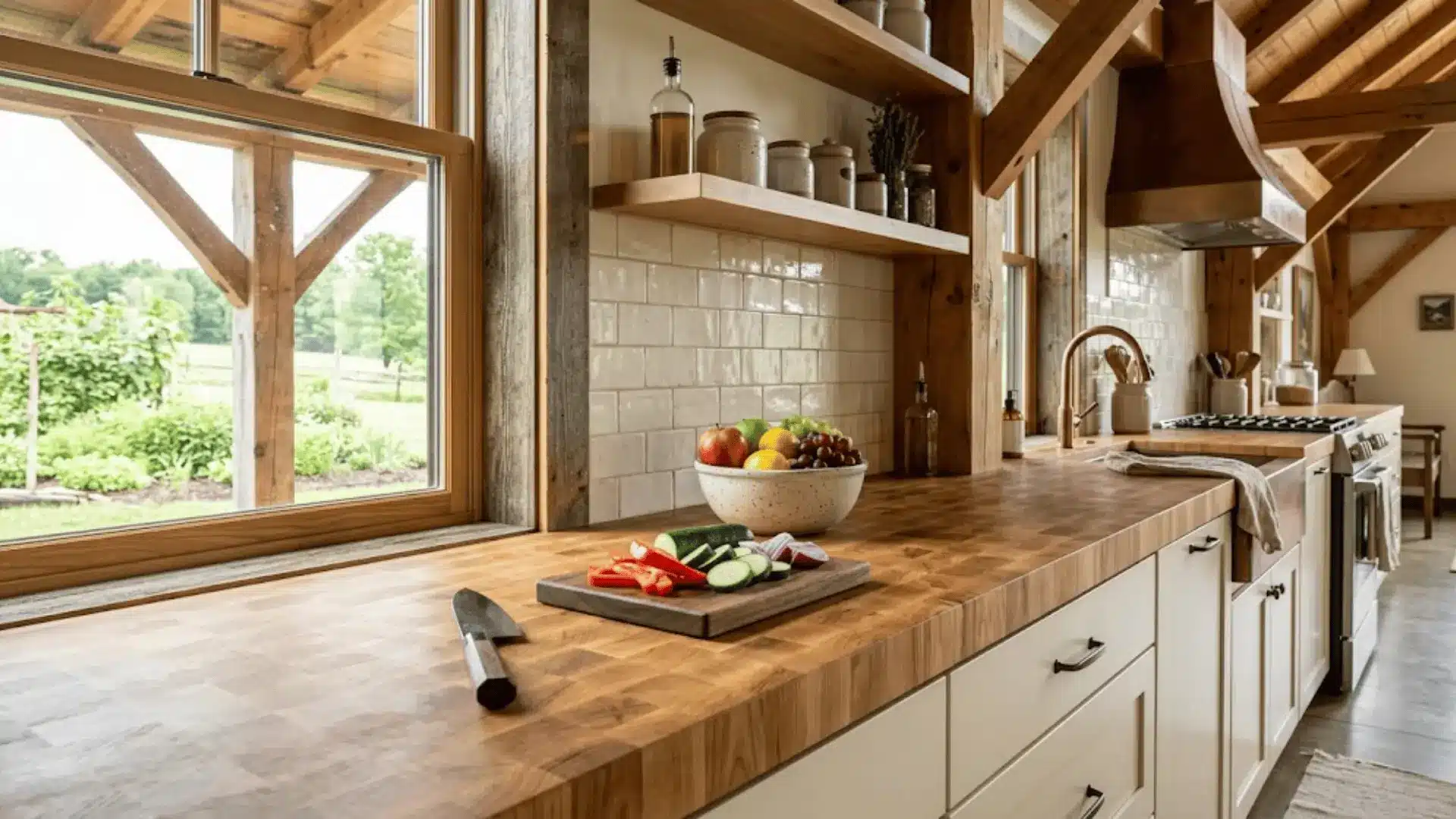 oiled end-grain maple butcher block countertop with vegetables and ceramic bowl in a barndominium kitchen