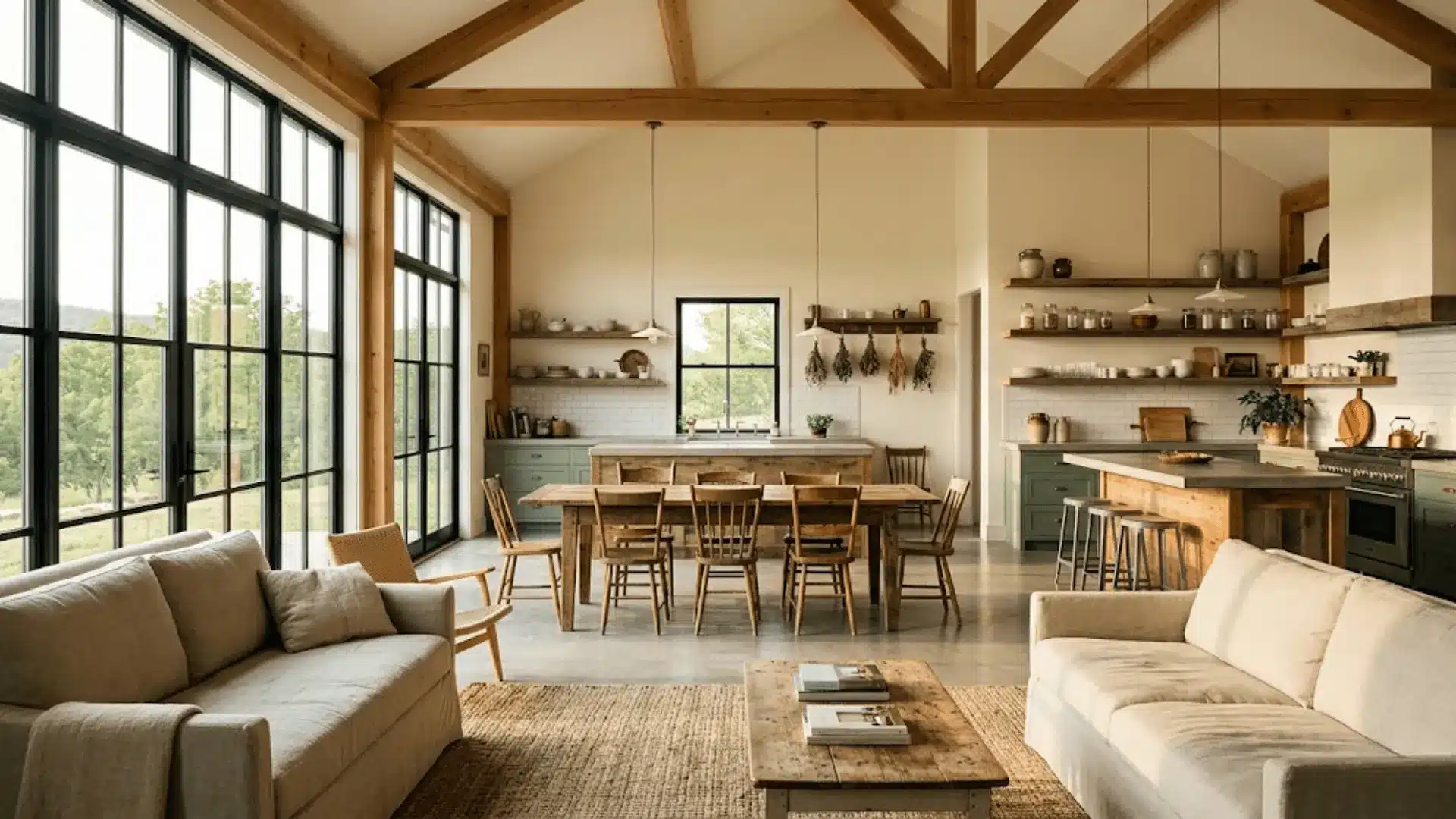 open-concept barndominium kitchen flowing into dining and living areas with sage cabinets and natural light