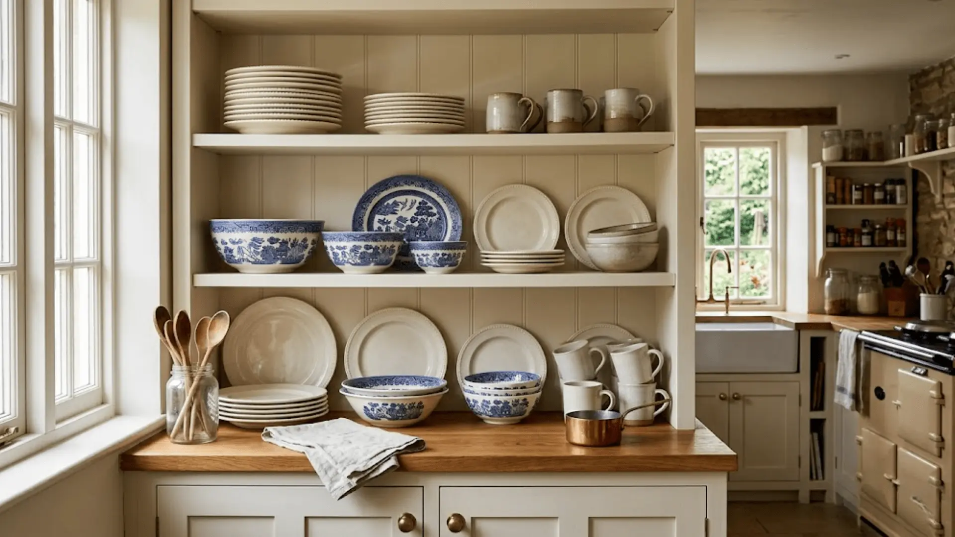 open white kitchen shelves with stacked ironstone plates transferware bowls and ceramic mugs in natural light