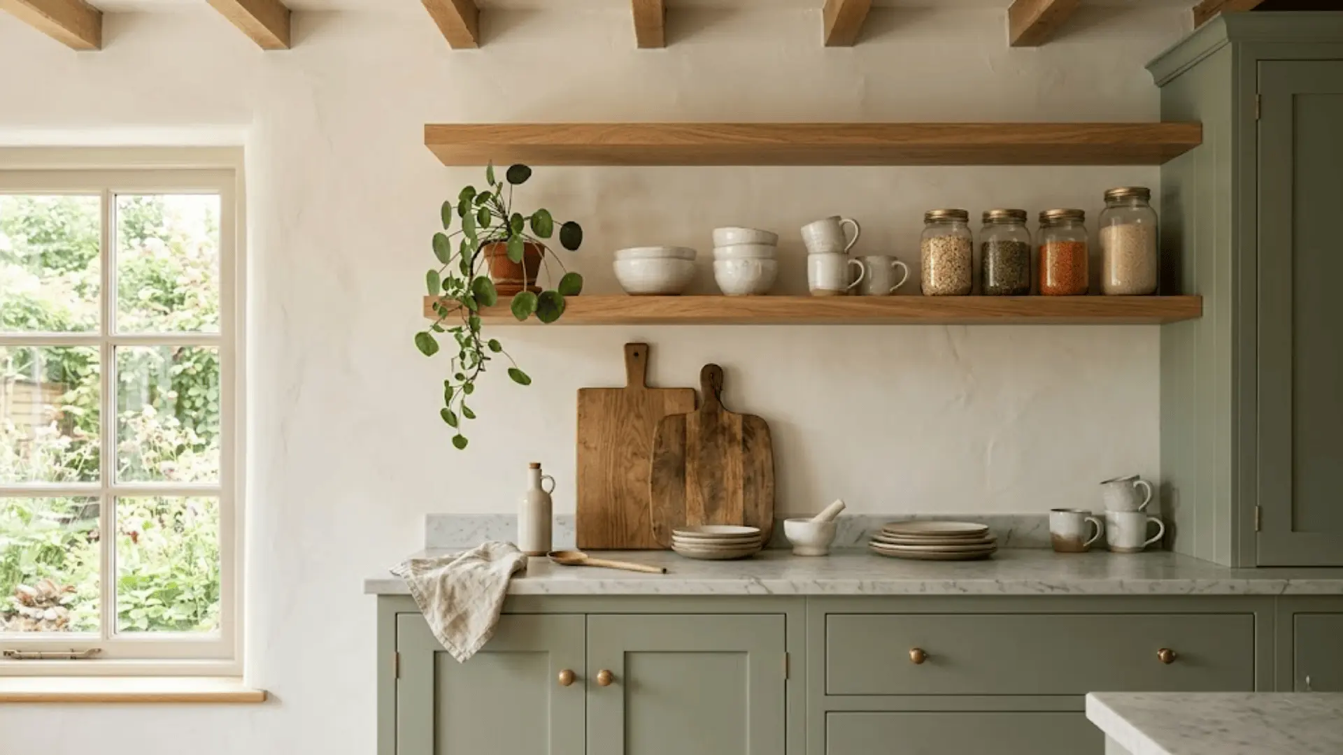open wooden floating shelves above sage green kitchen cabinets styled with ceramics, plants, and glass jars