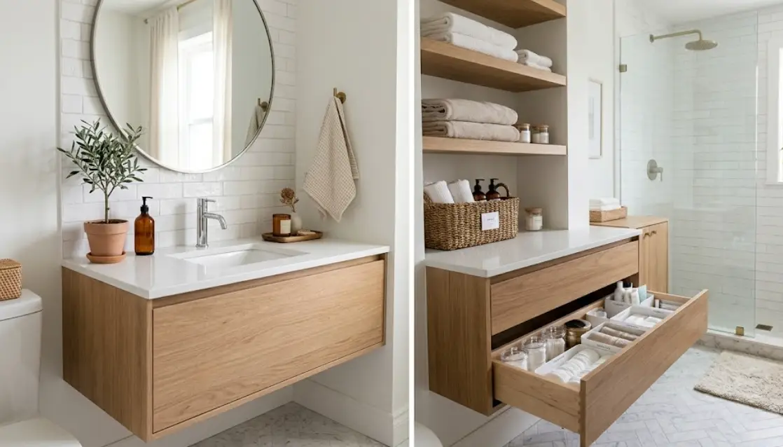Modern bathroom with wooden vanity, round mirror, towel shelves, and glass shower enclosure