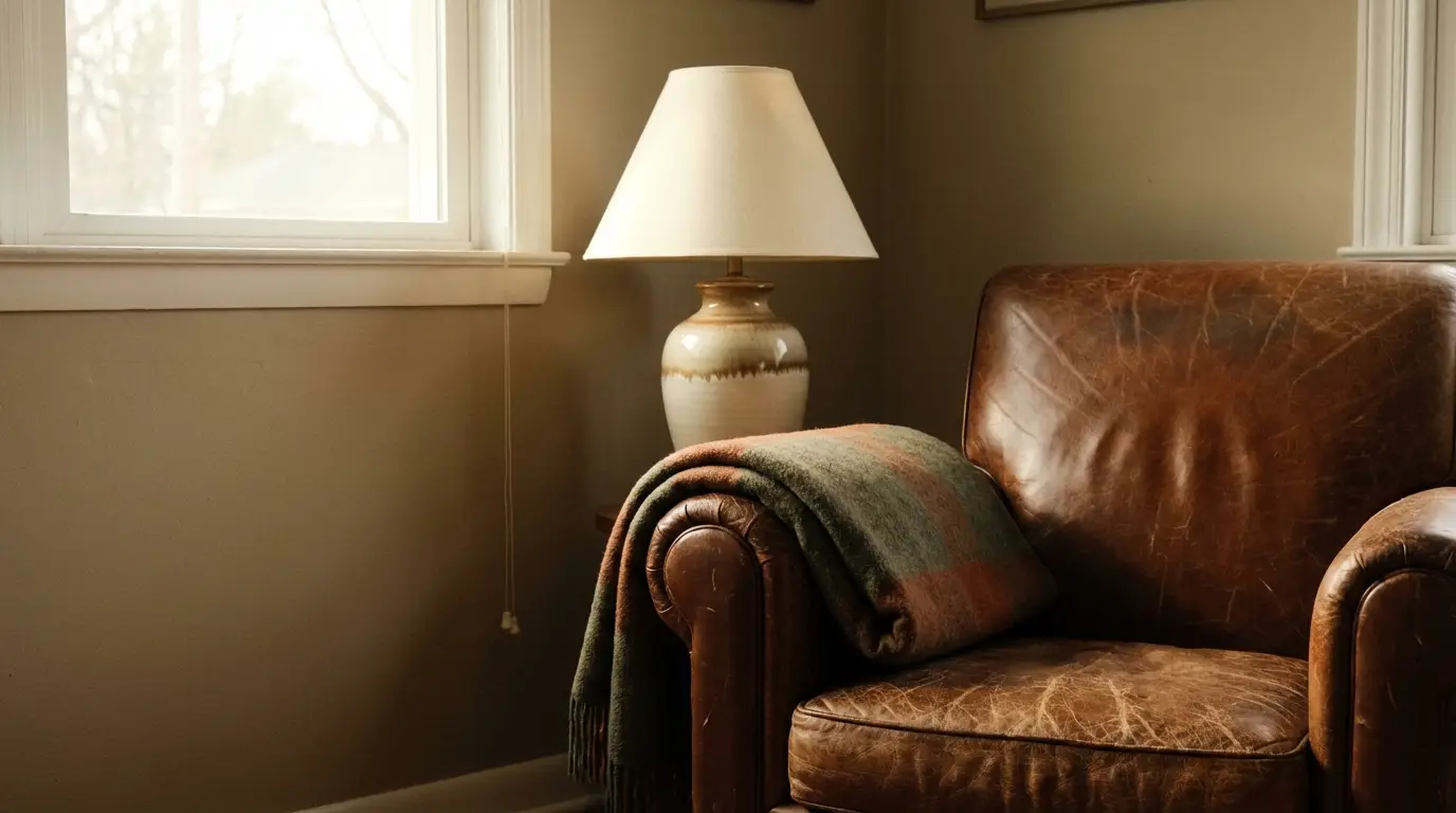 Brown leather armchair with wool blanket and ceramic lamp in cozy living room setting