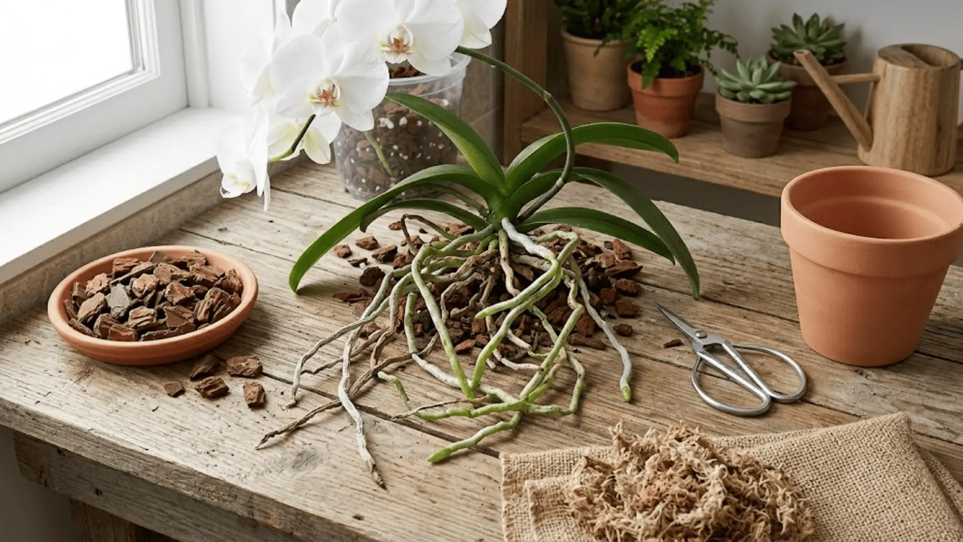 phalaenopsis orchid bare roots exposed on wood bench beside fresh bark medium scissors and clean pot for repotting