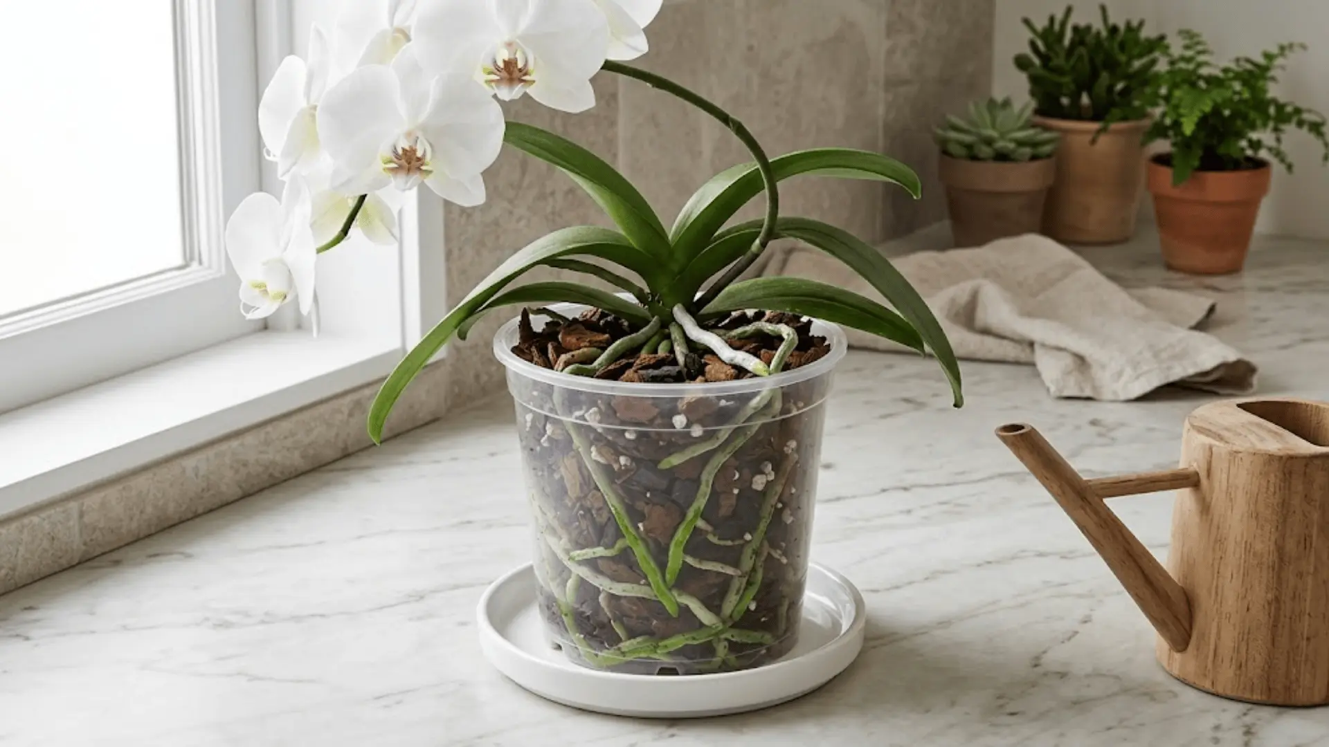 phalaenopsis orchid roots visible through clear pot showing silvery-white and green roots in bark medium on marble surface